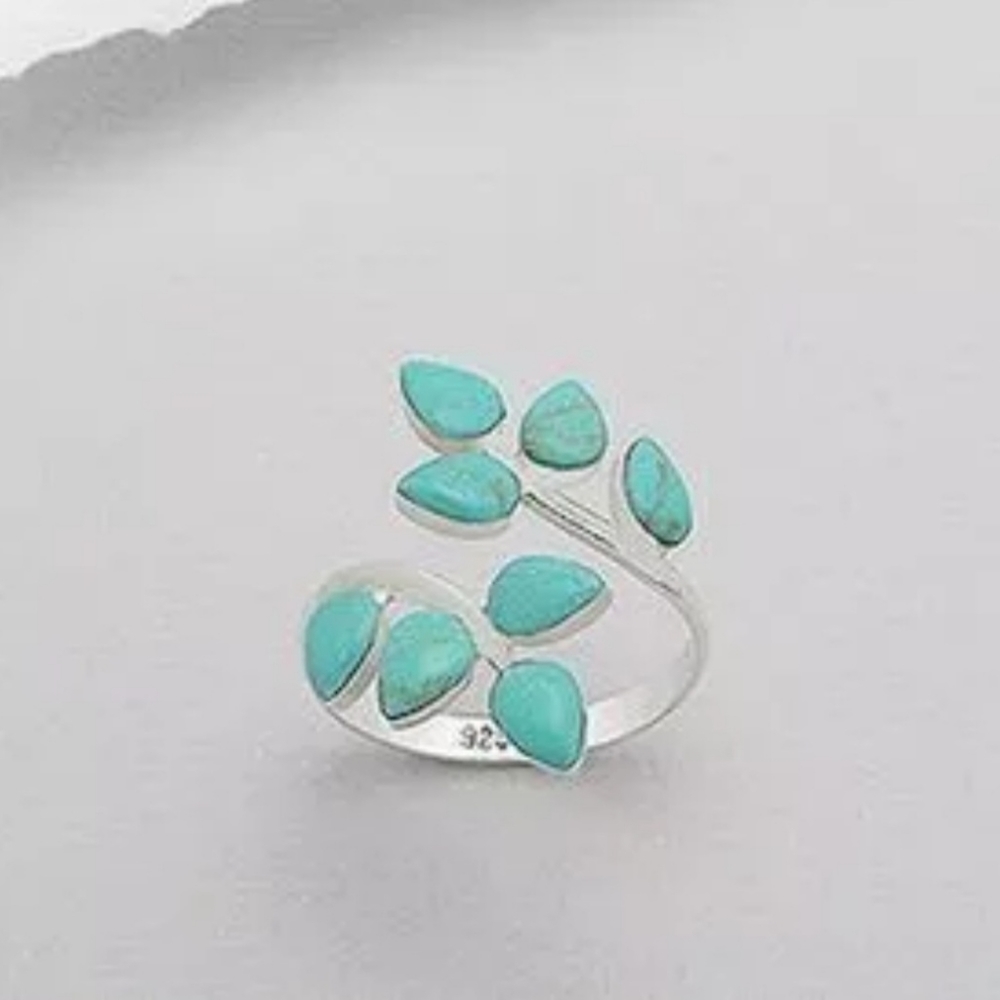Sterling Silver and simulated turquoise boho leaf branch ring adjustable
